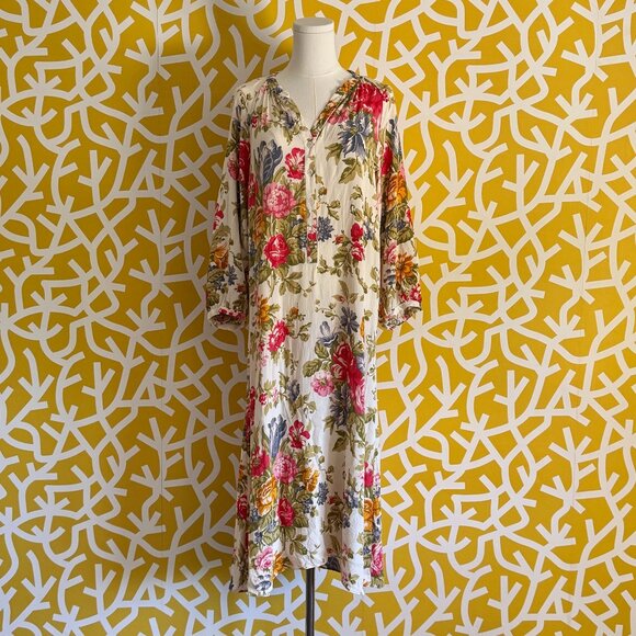 Zara Floral Cream Pink Yellow Blue Tropical Caftan Shirt Dress - Small - Picture 1 of 3